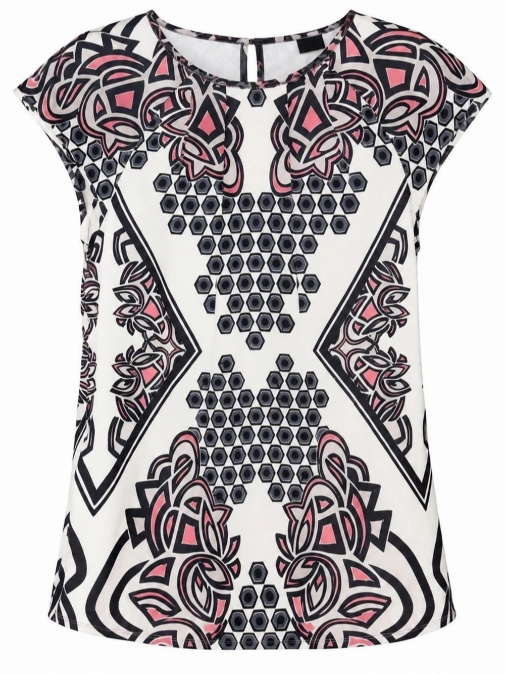 Adrianna Papell Pink Black Ivory Geometric Floral Blouse Women’s Medium